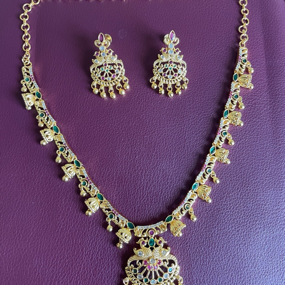 Gold-Tone Green and Pink Pendant Necklace & Earrings Set